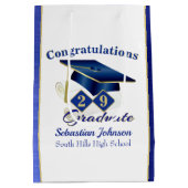 青とパーソナライズされた金ゴールド ミディアムペーパーバッグ (裏面)