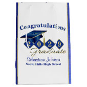 青とパーソナライズされた金ゴールド ミディアムペーパーバッグ (正面)