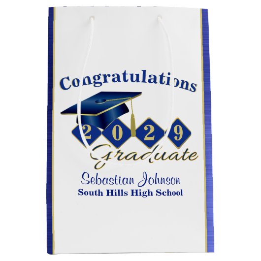 青とパーソナライズされた金ゴールド ミディアムペーパーバッグ (正面)