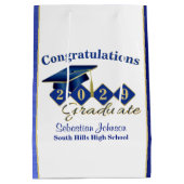 青とパーソナライズされた金ゴールド ミディアムペーパーバッグ (裏面)