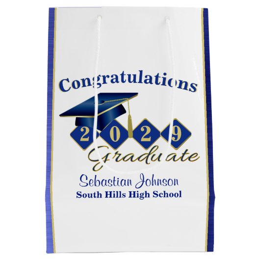 青とパーソナライズされた金ゴールド ミディアムペーパーバッグ (裏面)