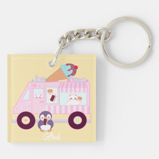 青とピンクかわいいバニーラビットアイスクリームトラック キーホルダー (裏面)