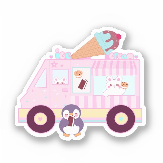 青とピンクかわいいバニーラビットアイスクリームトラック シール (正面)