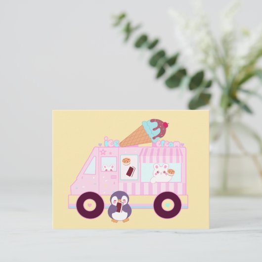 青とピンクかわいいバニーラビットアイスクリームトラック ポストカード (スタンド正面)