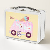 青とピンクかわいいバニーラビットアイスクリームトラック メタルランチボックス (正面)