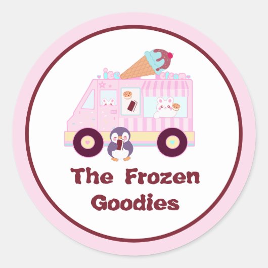 青とピンクかわいいバニーラビットアイスクリームトラック ラウンドシール (正面)