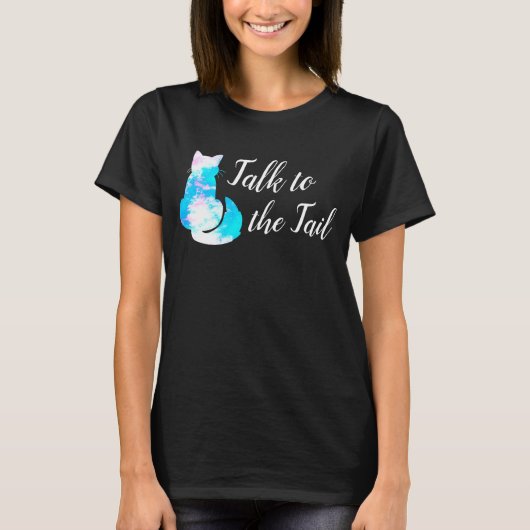 青とピンクと白の猫の抽象的なデザイン　しっぽと話して Tシャツ (正面)