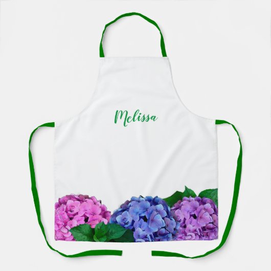 青とピンクのあじさいフローラ パーソナライズされた エプロン (正面)