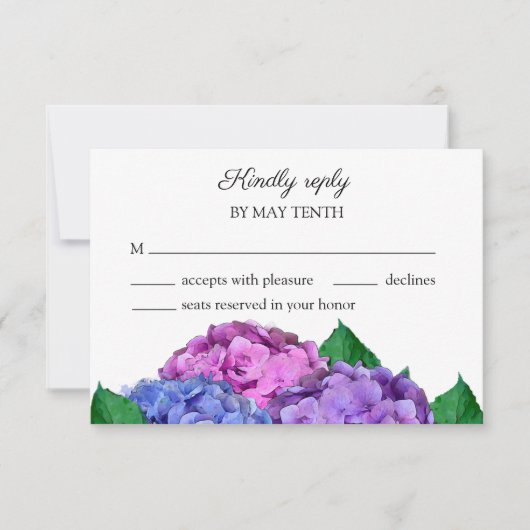 青とピンクのあじさい結婚の花 出欠カード (正面)