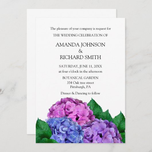 青とピンクのあじさい結婚の花 招待状 (正面/裏面)
