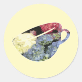青とピンクのあじさい花のティーカップ絵を描ズ ラウンドシール
