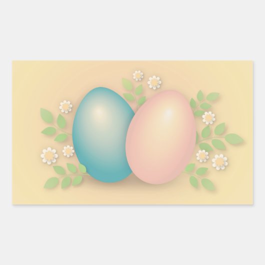 青とピンクのイースターの卵と春の花 長方形シール (正面)