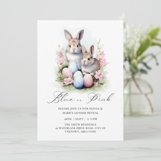 青とピンクのイースターエッグうさぎ 性別発表 招待状 (スタンド正面)