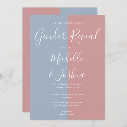 青とピンクのエレガントなスクリプト性別発表パーティー 招待状 (正面/裏面)