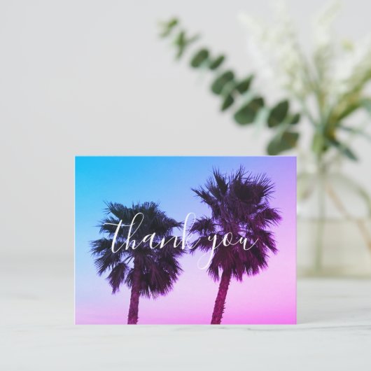 青とピンクのオンブルサンセットパームツリーありがとうございます ポストカード (スタンド正面)