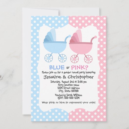 青とピンクのキャリッジの性別表示パーティー 招待状 (正面)