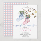 青とピンクのクリスマスストッキング 性別発表パーティー 招待状 (正面/裏面)