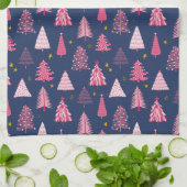 青とピンクのクリスマスツリーパターン キッチンタオル (折り畳み)