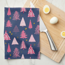 青とピンクのクリスマスツリーパターン キッチンタオル