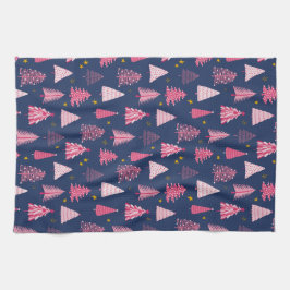 青とピンクのクリスマスツリーパターン キッチンタオル