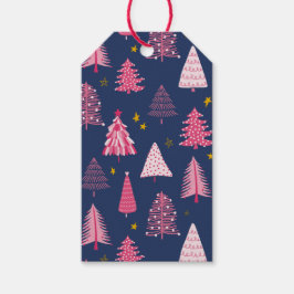 青とピンクのクリスマスツリーパターン ギフトタグ