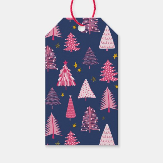青とピンクのクリスマスツリーパターン ギフトタグ (正面)