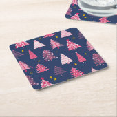 青とピンクのクリスマスツリーパターン スクエアペーパーコースター (アングル)