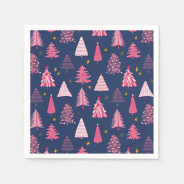 青とピンクのクリスマスツリーパターン スタンダードカクテルナプキン