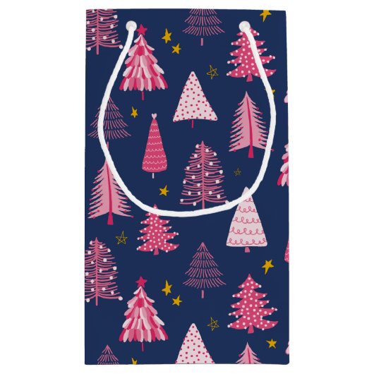 青とピンクのクリスマスツリーパターン スモールペーパーバッグ (裏面)