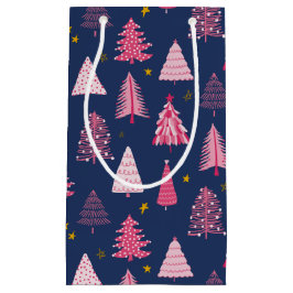青とピンクのクリスマスツリーパターン スモールペーパーバッグ