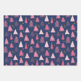 青とピンクのクリスマスツリーパターン ラッピングペーパーシート