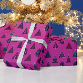 青とピンクのクリスマスツリーパターン ラッピングペーパー