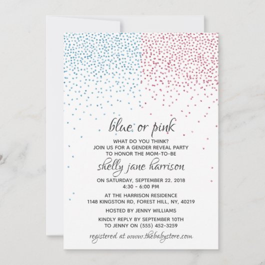 青とピンクのグリッター紙吹雪性別の表示パーティー 招待状 (正面)