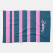 青とピンクのストライプパターンパーソナライズされた キッチンタオル (横)