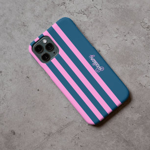 青とピンクのストライプパターンパーソナライズされた iPhone 16 PROケース
