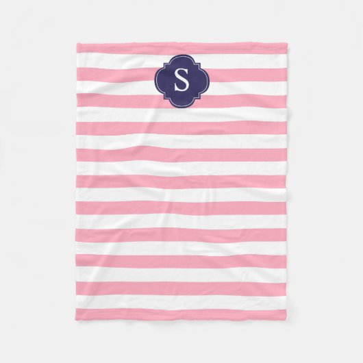 青とピンクのストライプモノグラム フリースブランケット (正面)