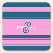 青とピンクのストライプ模様モノグラム スクエアペーパーコースター (正面)