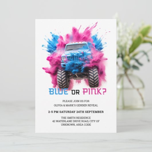 青とピンクのスモークトラックの車のベビージェンダーのリビール 招待状 (スタンド正面)