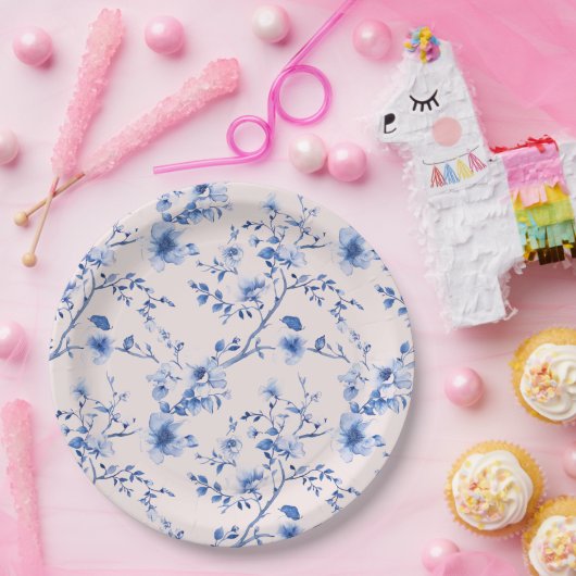 青とピンクのチノワセリーの花 ペーパープレート (パーティー)