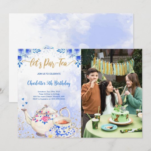 青とピンクのティーパーティー誕生日写真招待状 招待状 (正面/裏面)