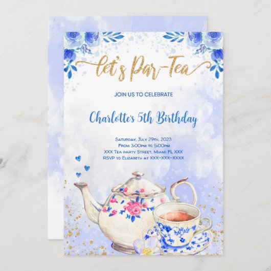 青とピンクのティーパーティー誕生日招待状 招待状 (正面/裏面)