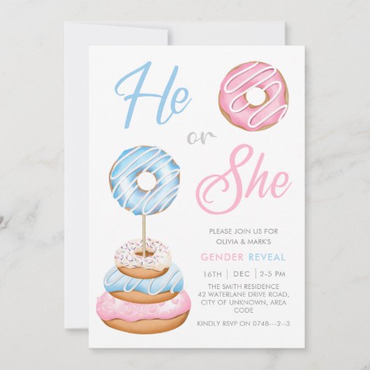 青とピンクのドーナツのドーナツベビー性別の表示 招待状 (正面)