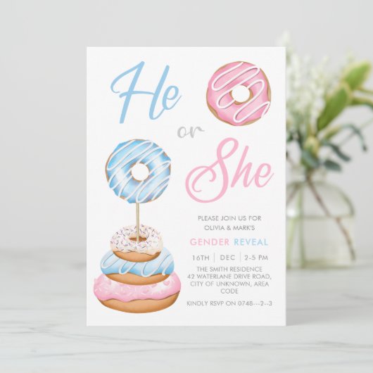 青とピンクのドーナツのドーナツベビー性別の表示 招待状 (スタンド正面)
