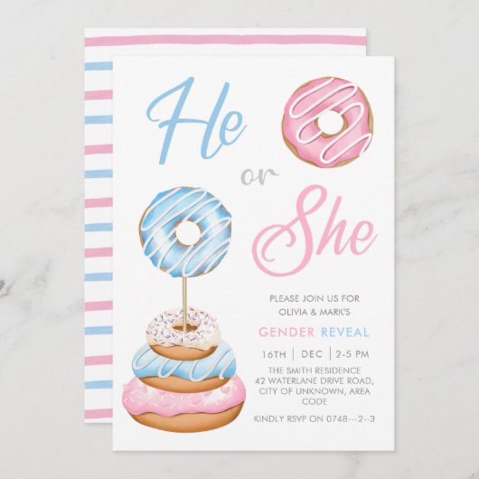 青とピンクのドーナツのドーナツベビー性別の表示 招待状 (正面/裏面)