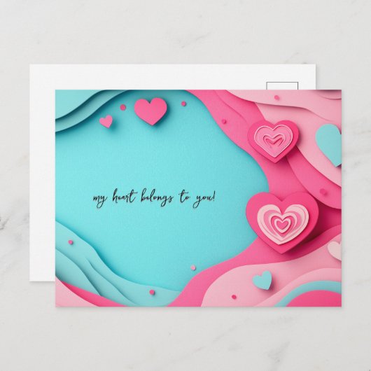 青とピンクのハートのペーパーカットバレンタインデー ポストカード (正面/裏面)