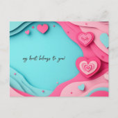 青とピンクのハートのペーパーカットバレンタインデー ポストカード (正面)