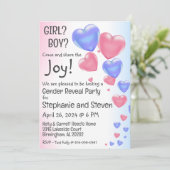 青とピンクのハートバルーン性別リビール 招待状 (スタンド正面)