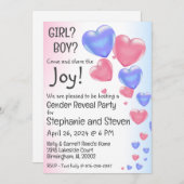 青とピンクのハートバルーン性別リビール 招待状 (正面/裏面)