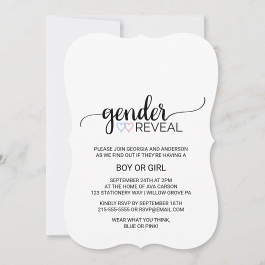 青とピンクのハートブラック書道ジェンダーの表示 招待状 (正面)