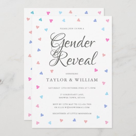 青とピンクのハート性別がパーティーを明かす 招待状 (正面/裏面)